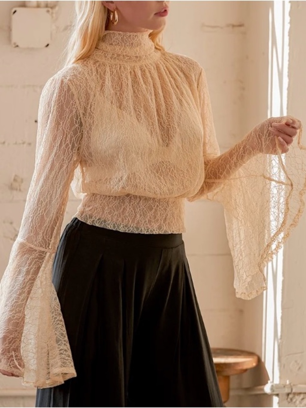 Free People Sheer Lace High-Neck Bell-Sleeve Top in Cream xl